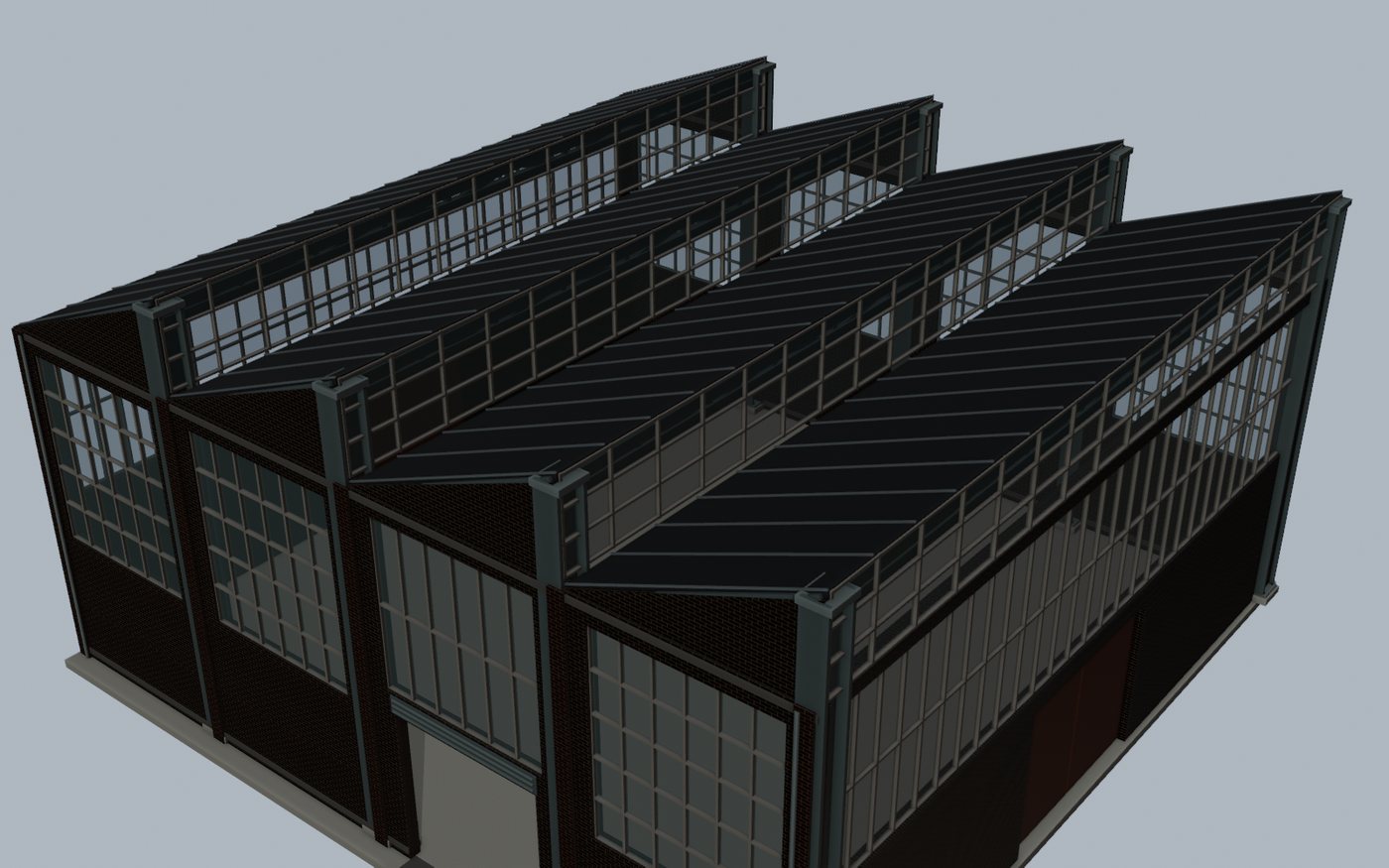 A sawtooth-roof factory hall as a Blender model.