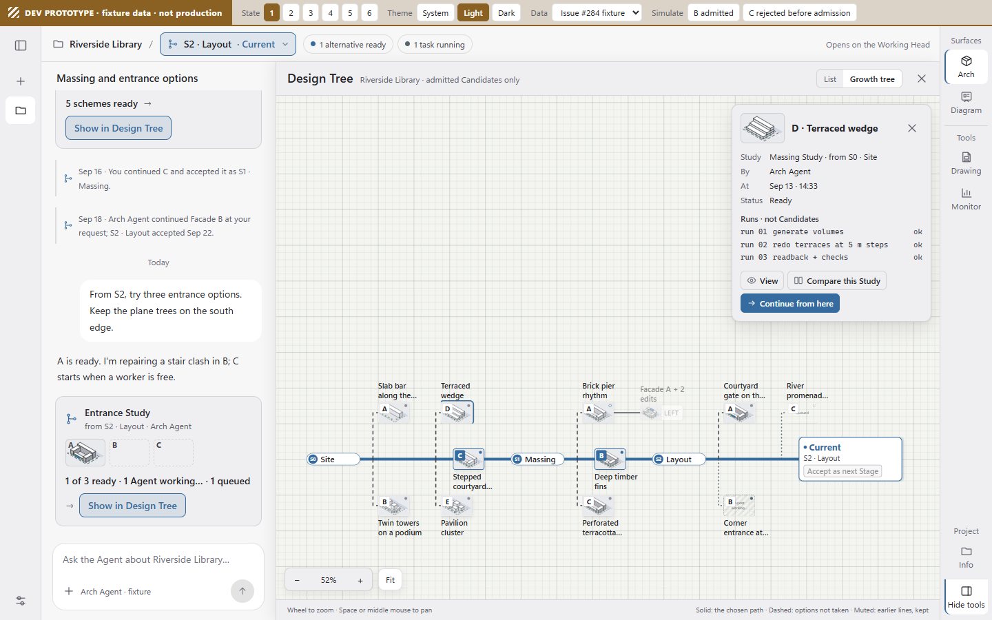 MonkeyHub candidate graph prototype: a design tree from Site to Massing to Layout, with chosen, continued and set-aside options drawn as branches.