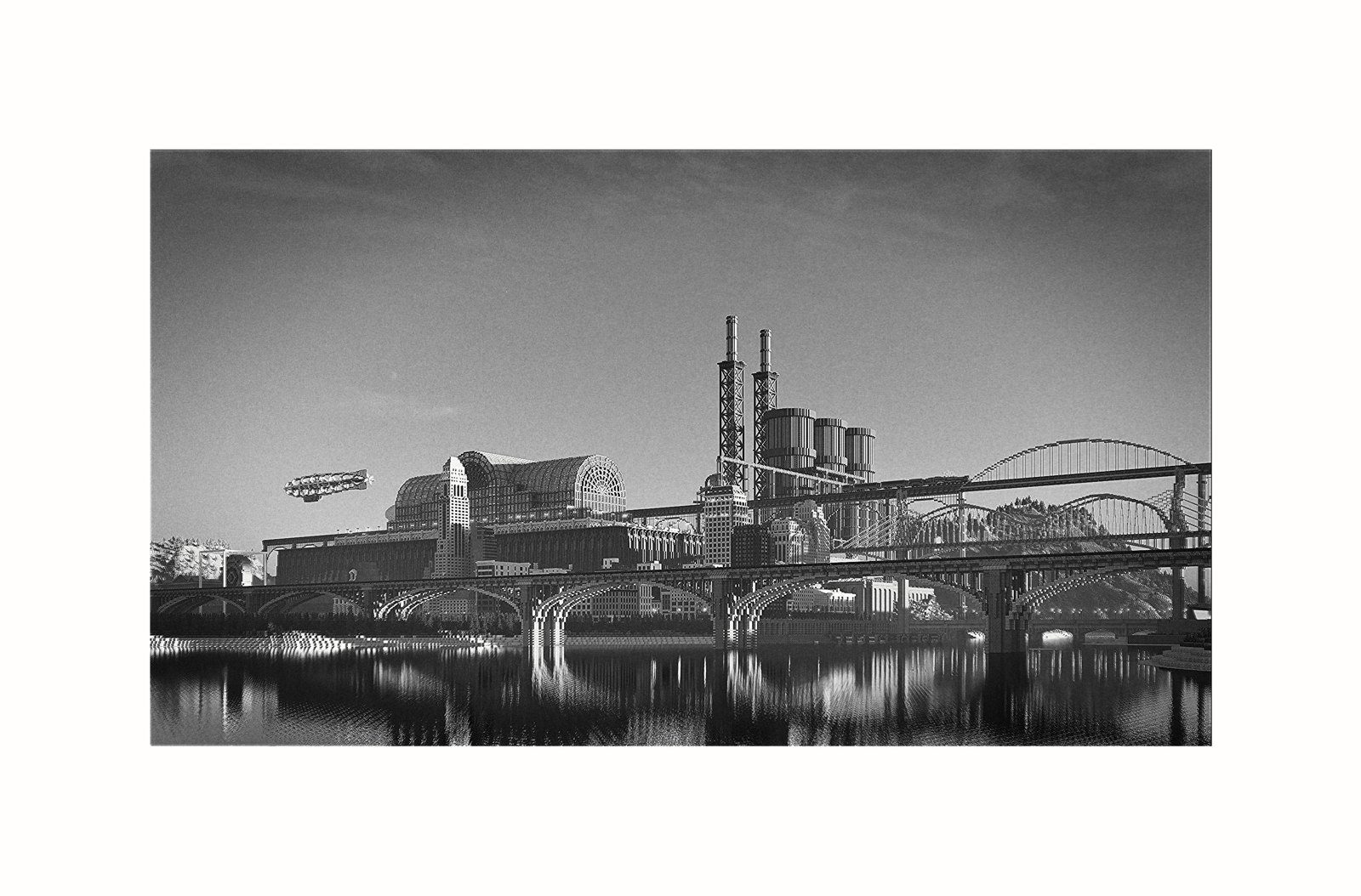 Automata's Heart — monochrome city panorama
